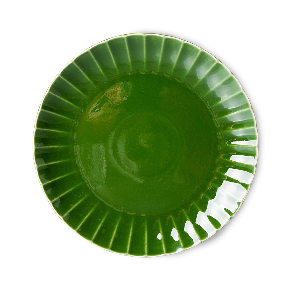Las Esmeraldas: Plato hondo de cerámica acanalado, verde